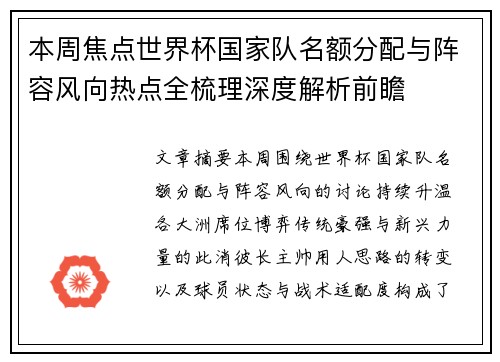 本周焦点世界杯国家队名额分配与阵容风向热点全梳理深度解析前瞻