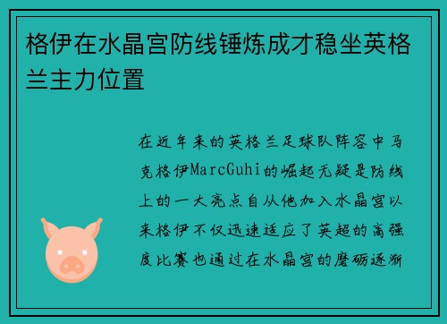 格伊在水晶宫防线锤炼成才稳坐英格兰主力位置 格伊在水晶宫防线锤炼成才稳坐英格兰主力位置
